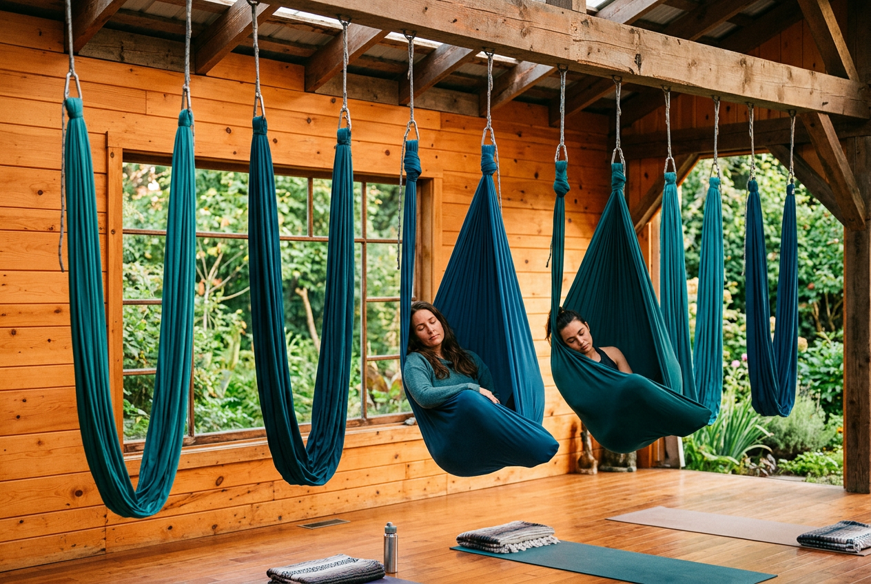 Sample image: two people resting in teal aerial hammocks in a wooden garden shala