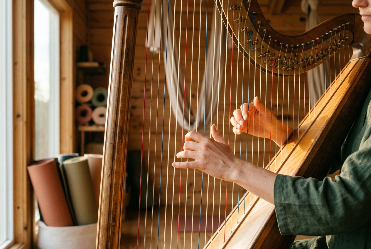 Sample image: hands playing a wooden harp beside a sunlit window