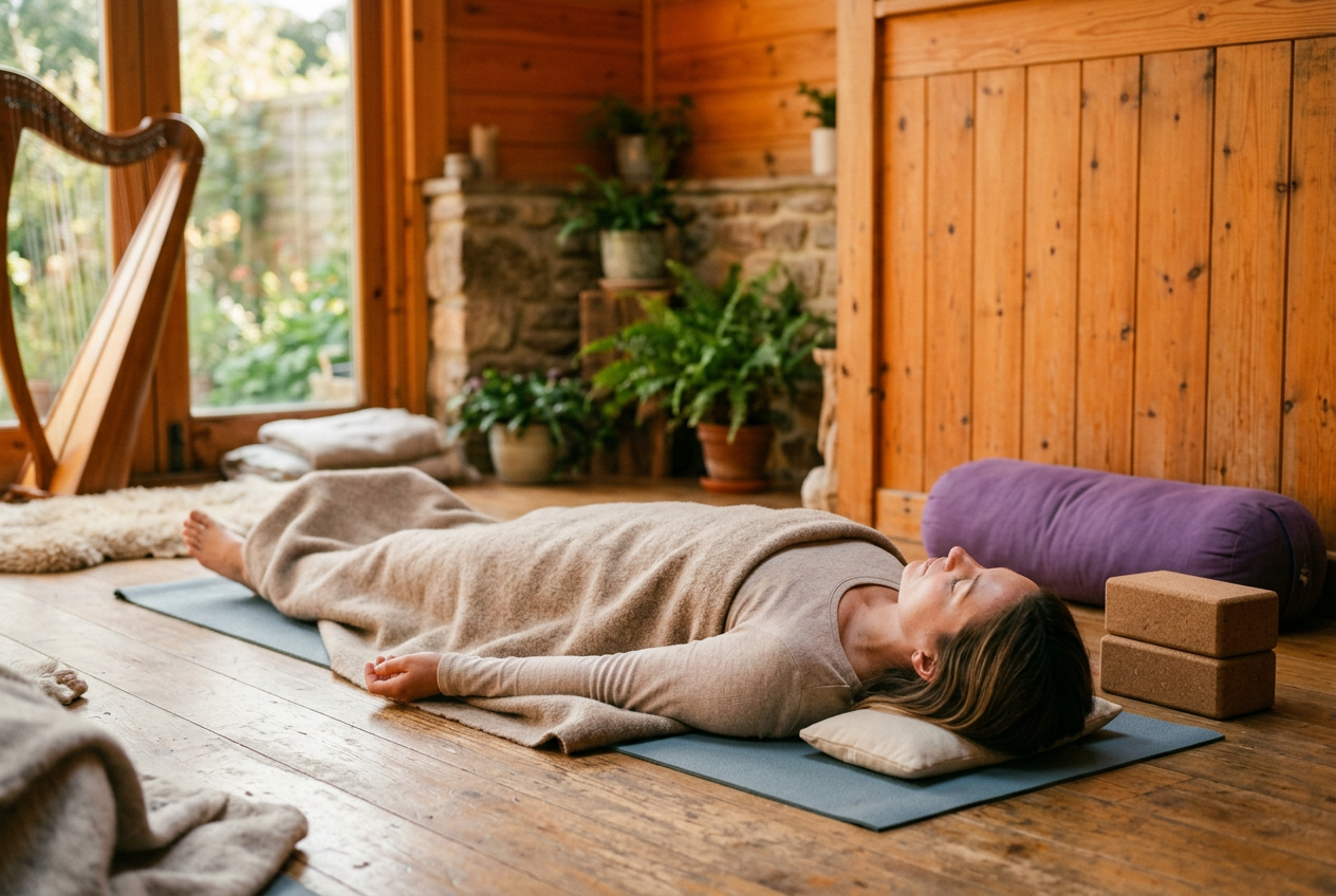 Sample image: a woman lying in savasana under a blanket, a harp by the window