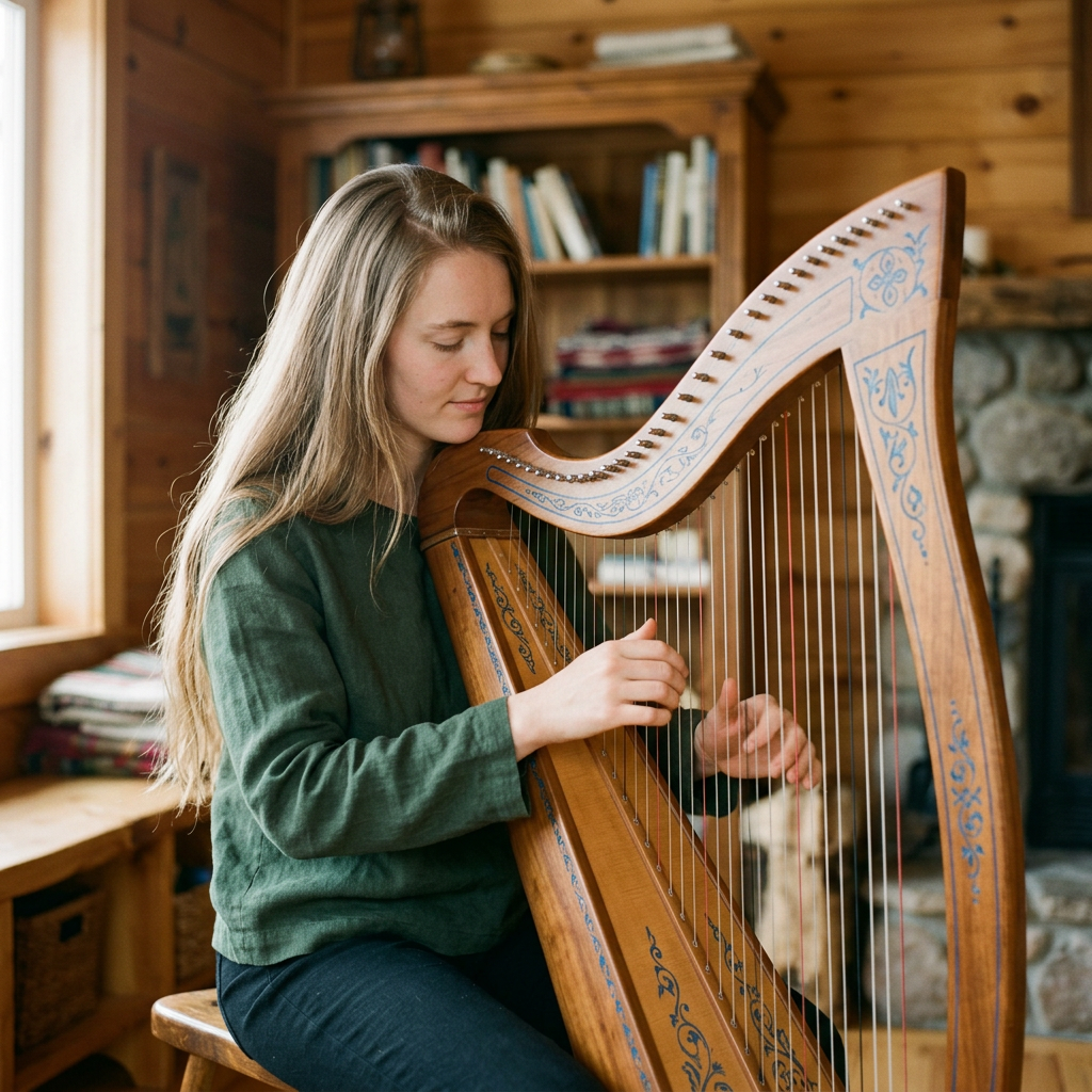 Generated portrait of a woman with long hair playing a wooden harp